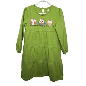 J Khaki Kids Dress | Girls 5 | Green Long Sleeve Owl Print Tiered Cotton